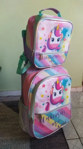 Kit Mochila Rodinha Infantil Feminino Grande Unicornio Menina C/Alça e Lancheira