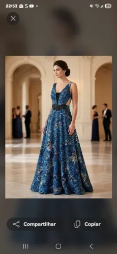 Vestido de festa estampado azul e preto