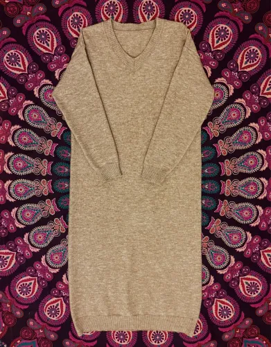 Vestido de Suéter Casual Reto Solto com Decote em V para Outono/Inverno com Forro Térmico