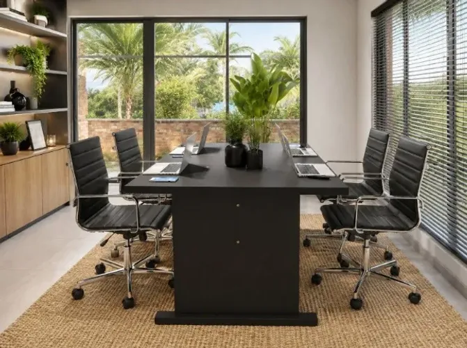 Mesa Reunião Simply White Delluxe: L160cm x L90cm x A74cm.