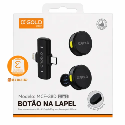 Microfone de Lapela Duplo 2x1 iPhone/ Lightning e TIPO-C, Antirruído, Ipx4, Bluetooth 5.4