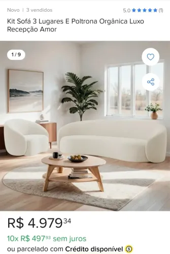 SOFÁ DE 3 LUGARES + POLTRONA FORMATO ORGÂNICO - COR BEGE CLARO