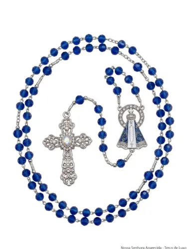 terço nossa sra aparecida miçanga cristal azul resplendor cravejado 47cm