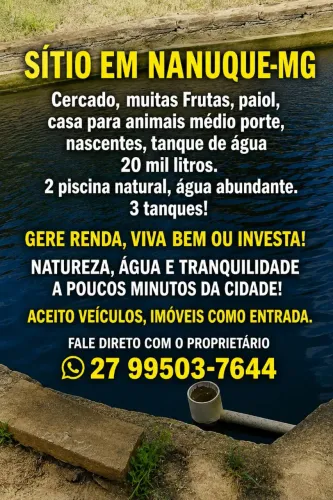 SÍTIO DOS SONHOS EM NANUQUE/MG ? 27.900M² COM NASCENTES PISCINAS NATURAIS, PARCELO, TROCO 