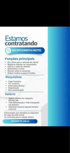 Vaga recepcionista manhã motel 12/36