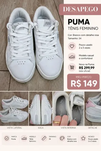 Tênis Puma Branco com Detalhes Rosa Nº 34 - Pouco Uso