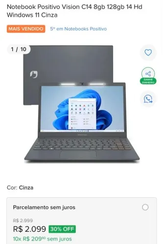 Notebook Positivo Vision C14 8gb 128gb 14 Hd Windows 11 Cinza