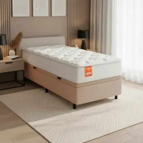 Cama Solteiro Completa Box com Colchão Firme + Baú