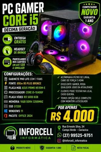 PC Gamer Core i5-10400F + RX 5600 | 16GB DDDR4 | SSD 512gb Novo Garantia 1 Ano
