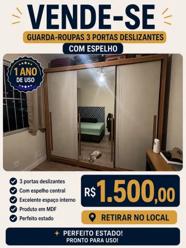 Vendo guarda roupa em perfeito estado 1 ano de uso, por 1500,00 retirar no local.