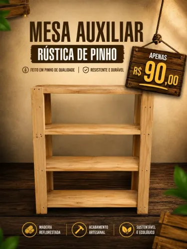 Mesa auxiliar rústica de Pinho