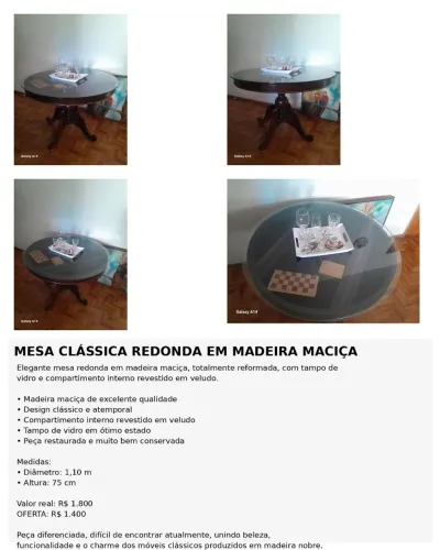 Mesa Clássica Redonda em Madeira Maciça com Compartimento Interno