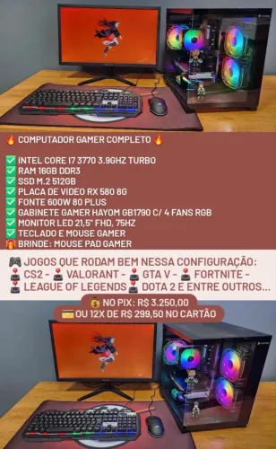 Pc gamer completo i7 3770 16gb Rx 580 