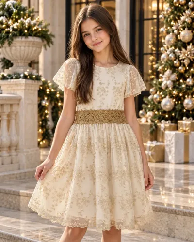 Vestido festa infantil Zara luxo bege/dourado