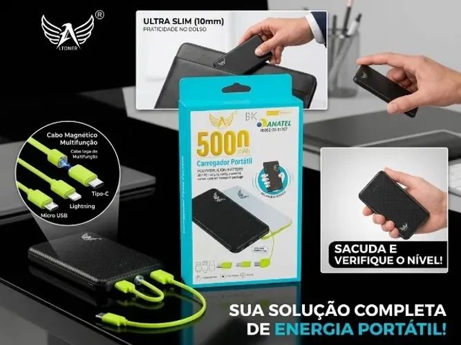 Carregador Portatil Power Bank Altomex PN-952 5000mAh Ultra Fino Com Cabo Tipo-C Lightning