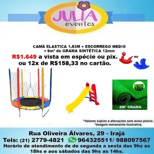 Cama Elástica 1,83m Colorida + Escorrego Médio + 6m² de Grama Sintética12mm