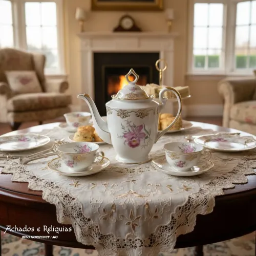 Jogo de chá porcelana fina Steatita Paraná com linda decoração floral 