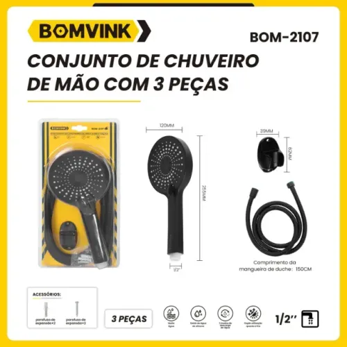 Conjunto de Chuveiro de Mão com 3 Peças BOMVINK - Modelo BOM-2107 | Mangueira 1,5m 