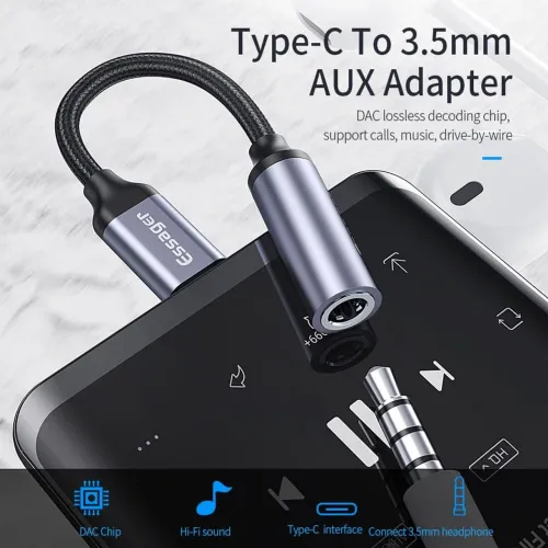 Adaptador de áudio USB-C para 3,5mm auxiliar 
