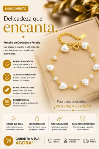 Pulseira Corações e Pérolas Banhada a Ouro - Hipoalergênica Romântica