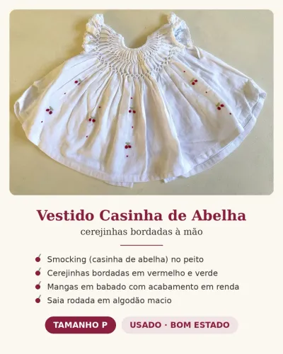Vestido Casinha de Abelha Cerejinhas Bordado à Mão - Tam P