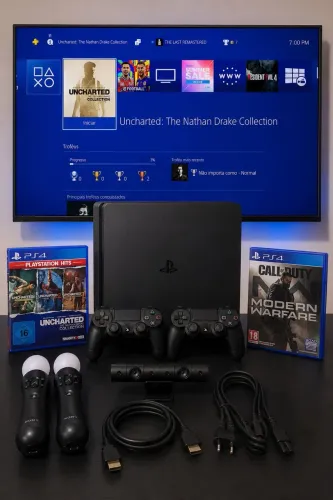 PS4 Slim 1TB Completo + 2 Controles Originais + Move + Câmera + Jogos