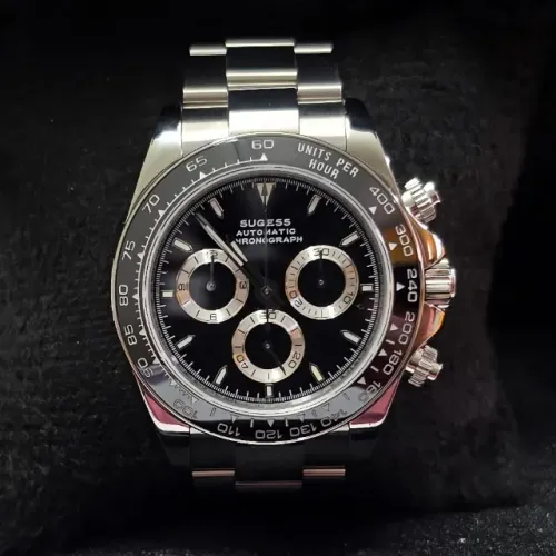 Relógio Sugess S418-2, cronógrafo automático, preto, vidro safira, bezel cerâmica