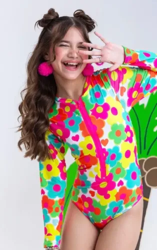 Maiô infantil Flores Neon com ziper