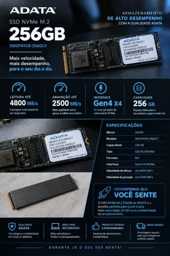 SSD NVMe M.2 ADATA 256GB SM2P41C8-256GC1 Gen4 x4 - Leitura 4800MB/s