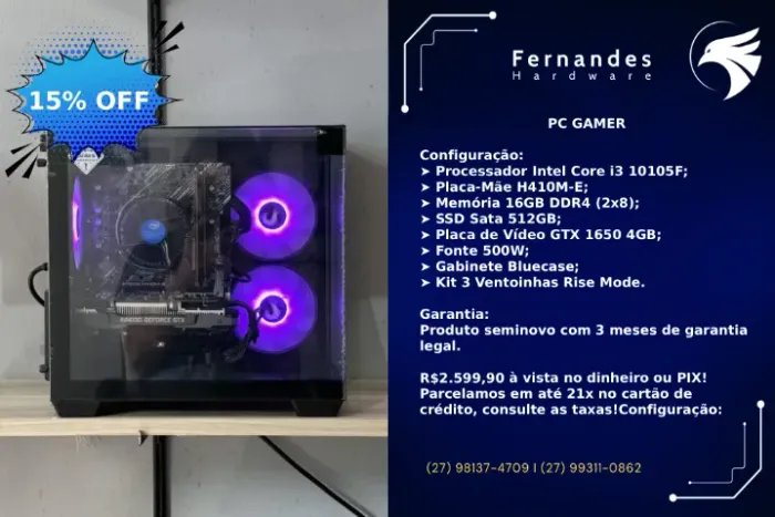 PC Gamer | Intel Core i3 10105F | Asus H410M-E | 16GB RAM | GTX 1650 | SSD 512GB - Loja FH