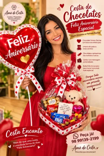 Cesta de Chocolates Com Ferrero Rocher Ursinho Mensagem e Balão Feliz Aniversário Gigante.