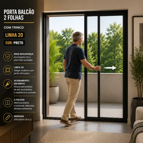 Porta Balcão 2 Folhas Alumínio preto Linha modular  210x120 Com Trinco