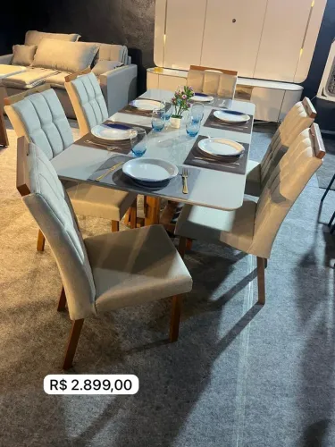 Mesa de jantar de madeira com tampo de vidro 6 cadeiras 