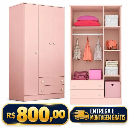 Guarda Roupa 3p 2gv Doce Sonho - Rosa Acetinado