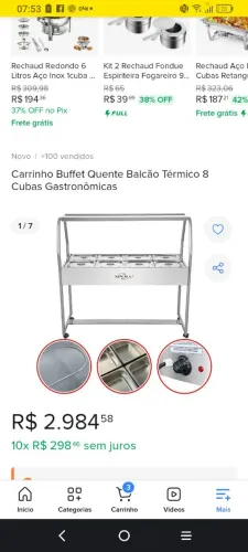Carrinho buffet quente, carrinho térmico 8 cubas gastronômica 