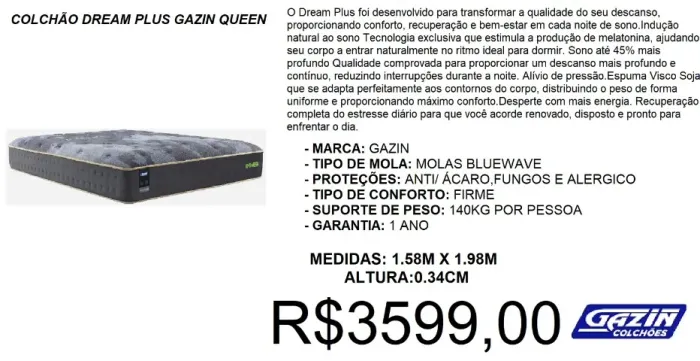 Colchão queen molas gazin dream plus - parcelamento até 12X sem juros