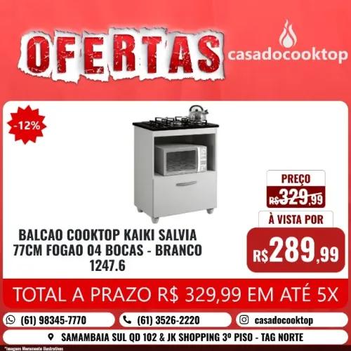 BALCAO COOKTOP KAIKI SALVIA 77CM FOGAO 04 BOCAS - BRANCO 1247.6