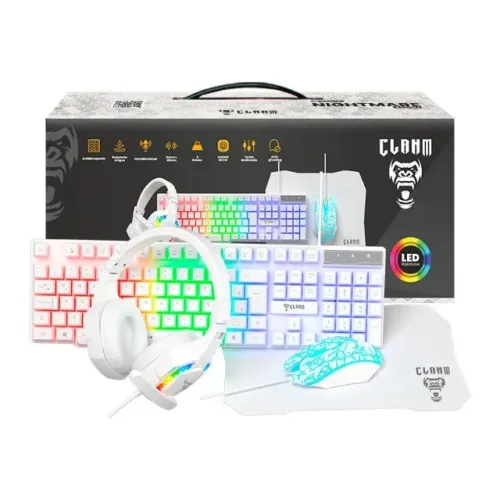 Combo Gamer 4 em 1 CLANM Nightmare Snow Teclado Mouse Headset Mousepad Branco