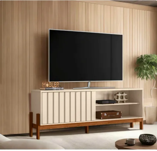 Bancada Santorini 188 com Porta Ripado e 2 Nichos para TV até 75 Polegadas