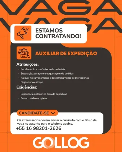 VAGA PARA AUXILIAR DE EXPEDIÇÃO