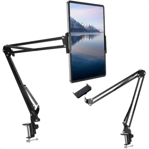 Suporte Braço Articulado Universal p/ Tablet e Celular 4 a 7 Polegadas com Rotação 360° 
