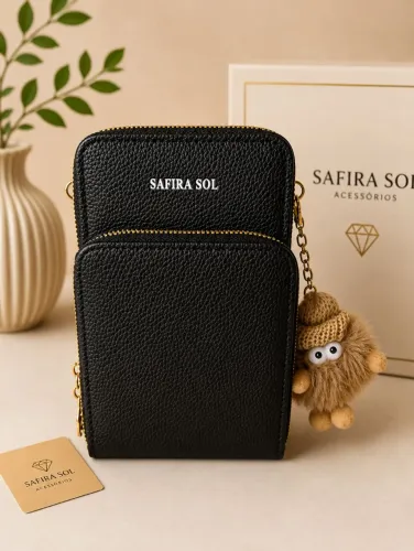Bolsa Lateral Feminina 3 Camadas Safira Sol Preta Compacta Premium Transversal Fashion