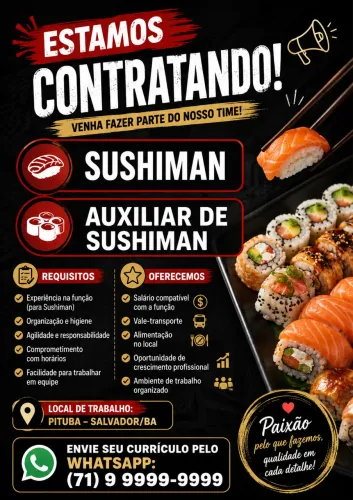 Vagas para sushiman e aux. sushiman