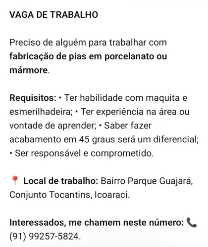Vaga de serviço na fábrica de pias