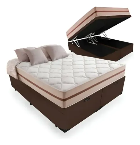 kit cama base baú marrom e colchão bege/branco resistance king