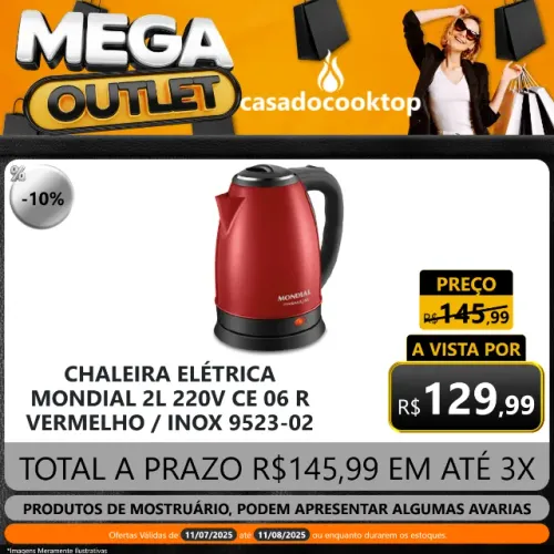 CHALEIRA ELÉTRICA MONDIAL 2L 220V CE-06-R VERMELHO/INOX 9523-02