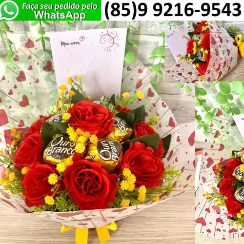 Kit Presente Namorados Esposa Namorada Buquê Rosas Vermelhas Artificiais Chocolates Cartão