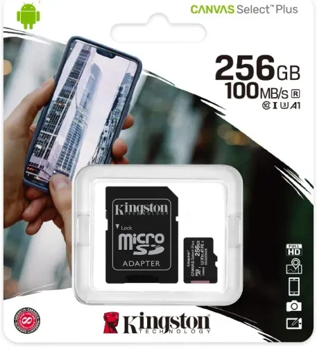 Cartão de memória microSD Kingston de 256GB Canvas Select Plus - Leitura: 100MBs