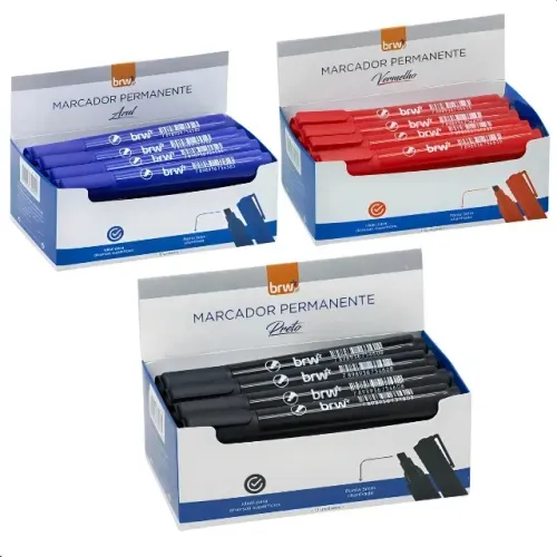 Kit Marcador Permanente BRW Preto Azul Vermelho Ponta Fina 12 Unidades