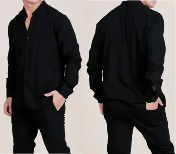 Camisa Social Manga Comprida Estilo Gola Padre, Tamanho M